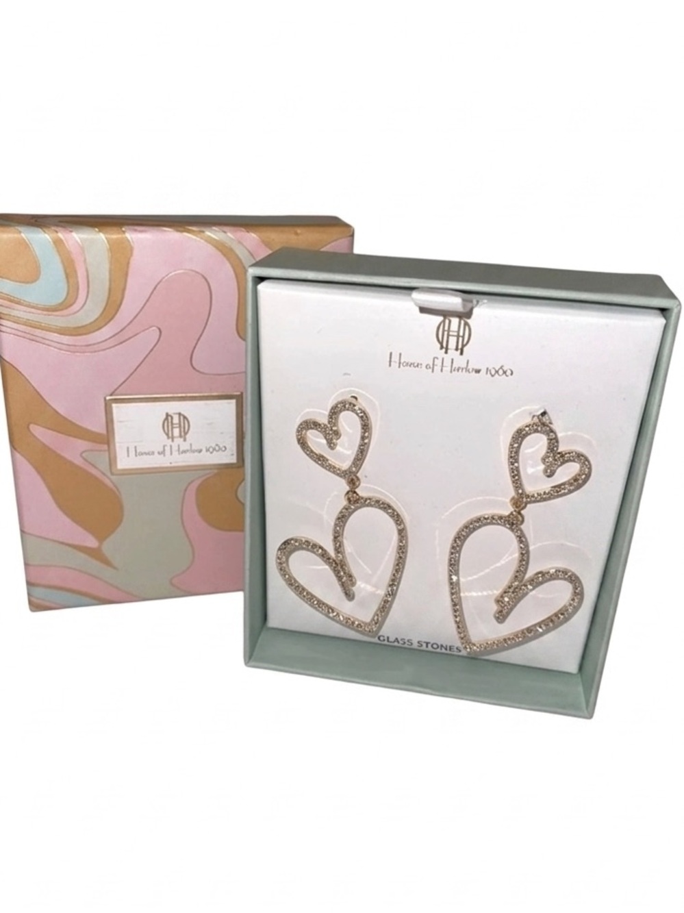 NWT House of Harlow dangling heart hoop glass stone earrings